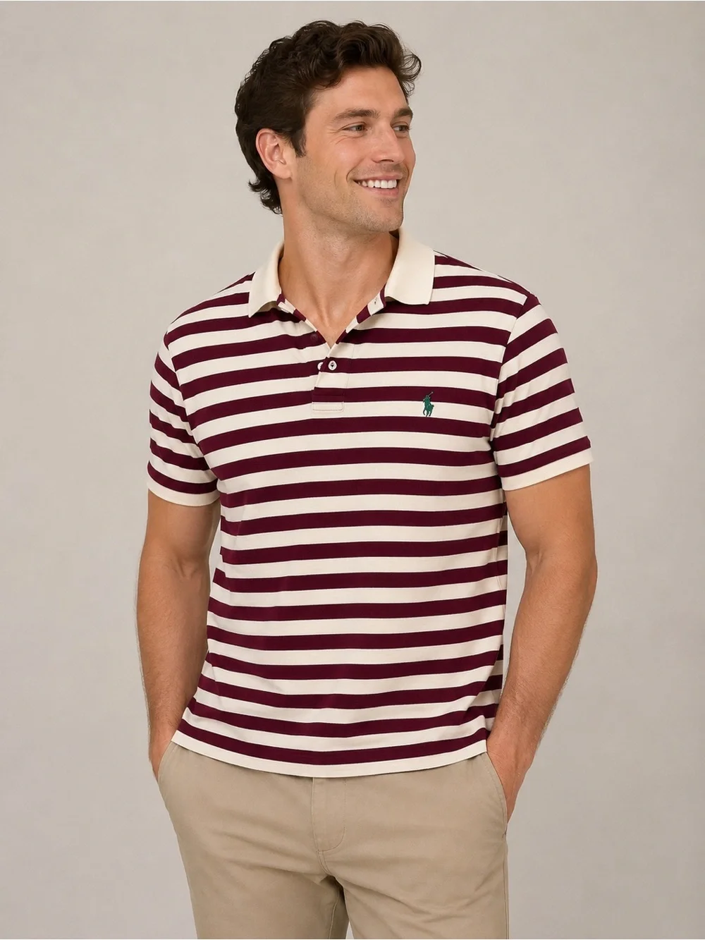 Ralph Lauren Burgundy and Cream Striped Polo with green horse logo embroidery L